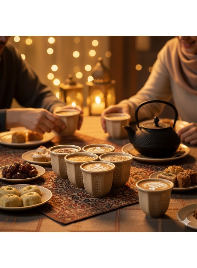 6-Piece Ceramic Coffee Mug Set - Plant Texture 100ml for Arabic Coffee/Tea, Ramadan Home Gathering & Gift - Image 1